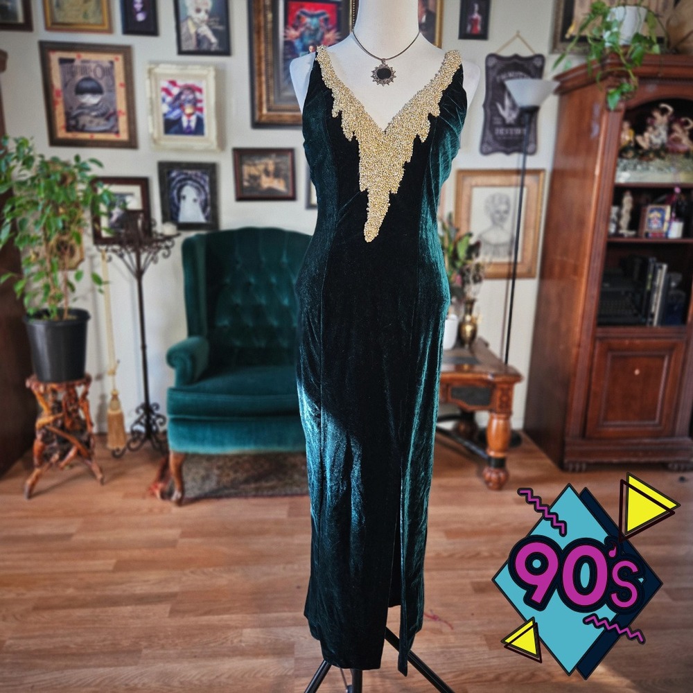 Speed Fashion Velvet Dress Vintage 90s Emerald Green Gold‎ Beaded Maxi Gown USA